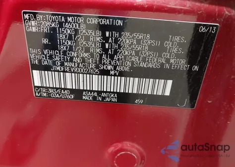 2013 Toyota Rav4 Limited z USA, uszkodzony, nr VIN JTMDFREV9DD027625